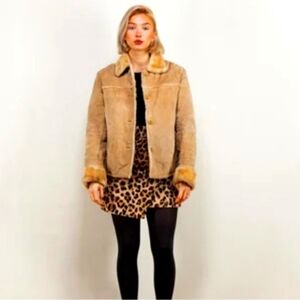 Vtge Aldo Y2K Penny Lane Tan Genuine Leather Jacket Beige Faux Fur Quilted Lined